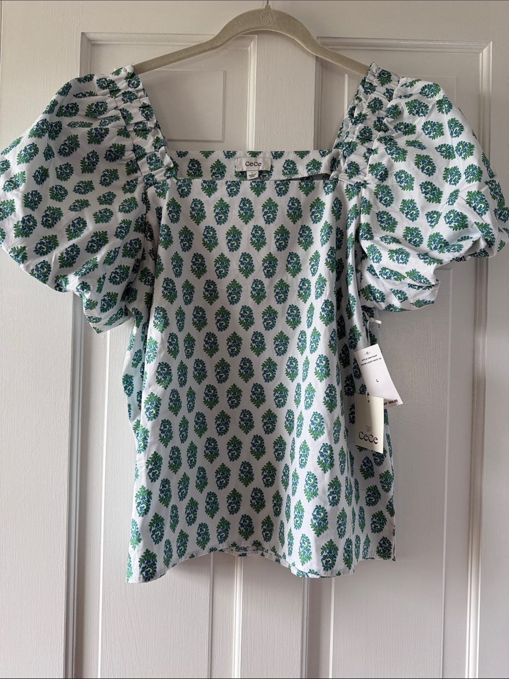 NWT CeCe White Square Neck Top Green Floral Block Print Puff Pouf Sleeves Large